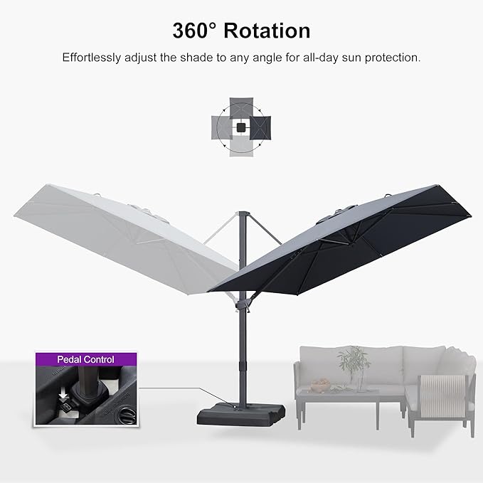 PURPLE LEAF 9' × 9' Patio Cantilever Umbrella with Base Outdoor Square Adjustable Offset Umbrellas with 360-degree Rotation and 8 Heavy Duty Metal Ribs for Garden Deck Pool Grey