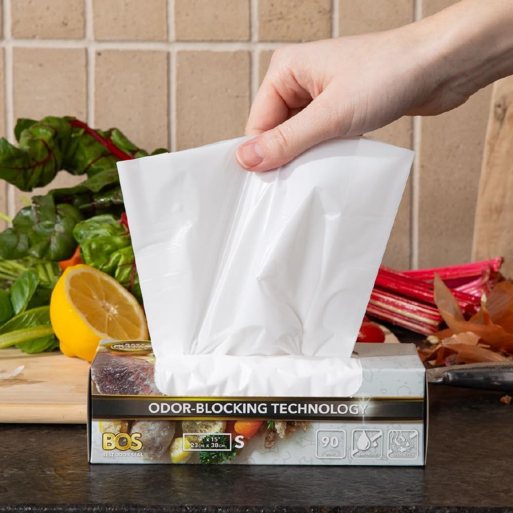 BOS Odor-Sealing Kitchen, Home & Food Small Trash Bags for Waste- Disposable Bags - Scent & Smell Free (90 Bags) [Size S, Color White] ★Brand-new packaging!