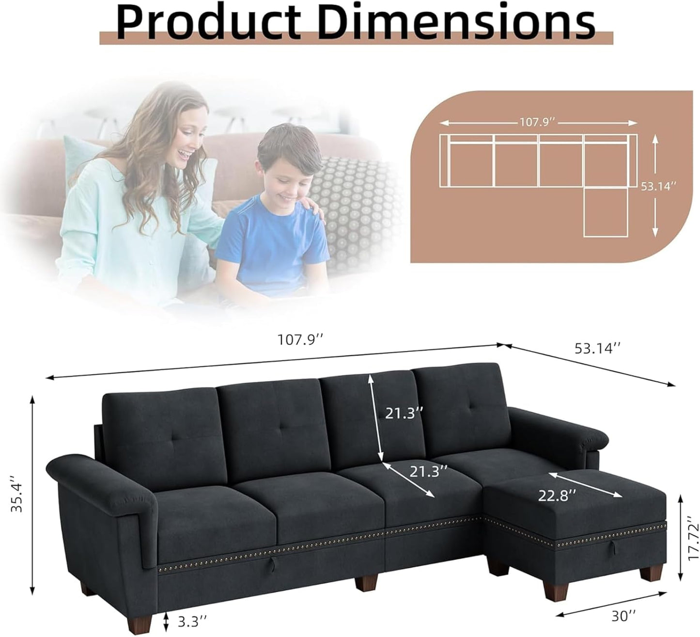 JAMFLY 108" Modular Sectional Sofa with Storage, L Shaped Sofa Couch with Reversible Ottoman, 4-Seat Convertible Sectional Couches with Cup Holders for Living Room, Apartment, Dark Grey
