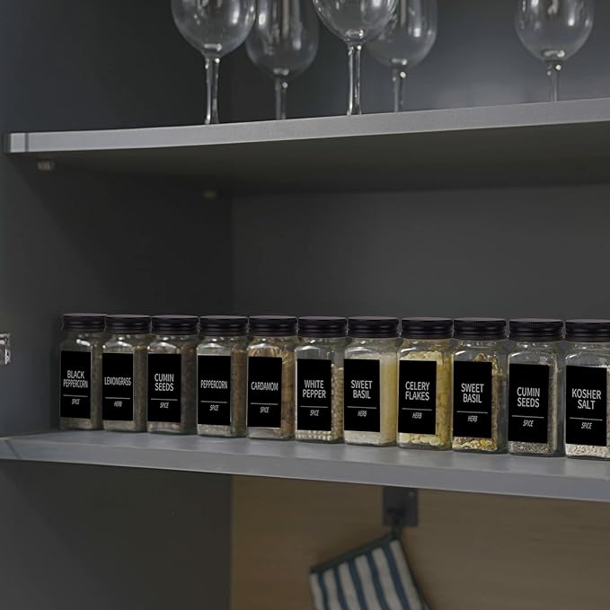 Churboro 66 Spice Jars with 547 Labels- Glass Spice Jars with Black Metal Caps, 4oz Empty Spice Containers with Shaker Lids, Funnel, Chalk Pen, Square Seasoning Bottles for Spice Rack, Drawer, Cabinet