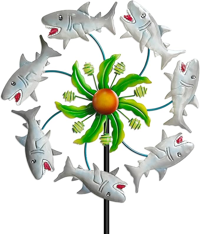 Shark Outdoor Wind Spinners - 39" Ocean-Themed Metal Wind Sculptures Garden Stake Art, 13.5” Windmill Yard Kinetic, Outdoor Decor for Patio & Lawn - Metal Beach Sculpture with Shark Design
