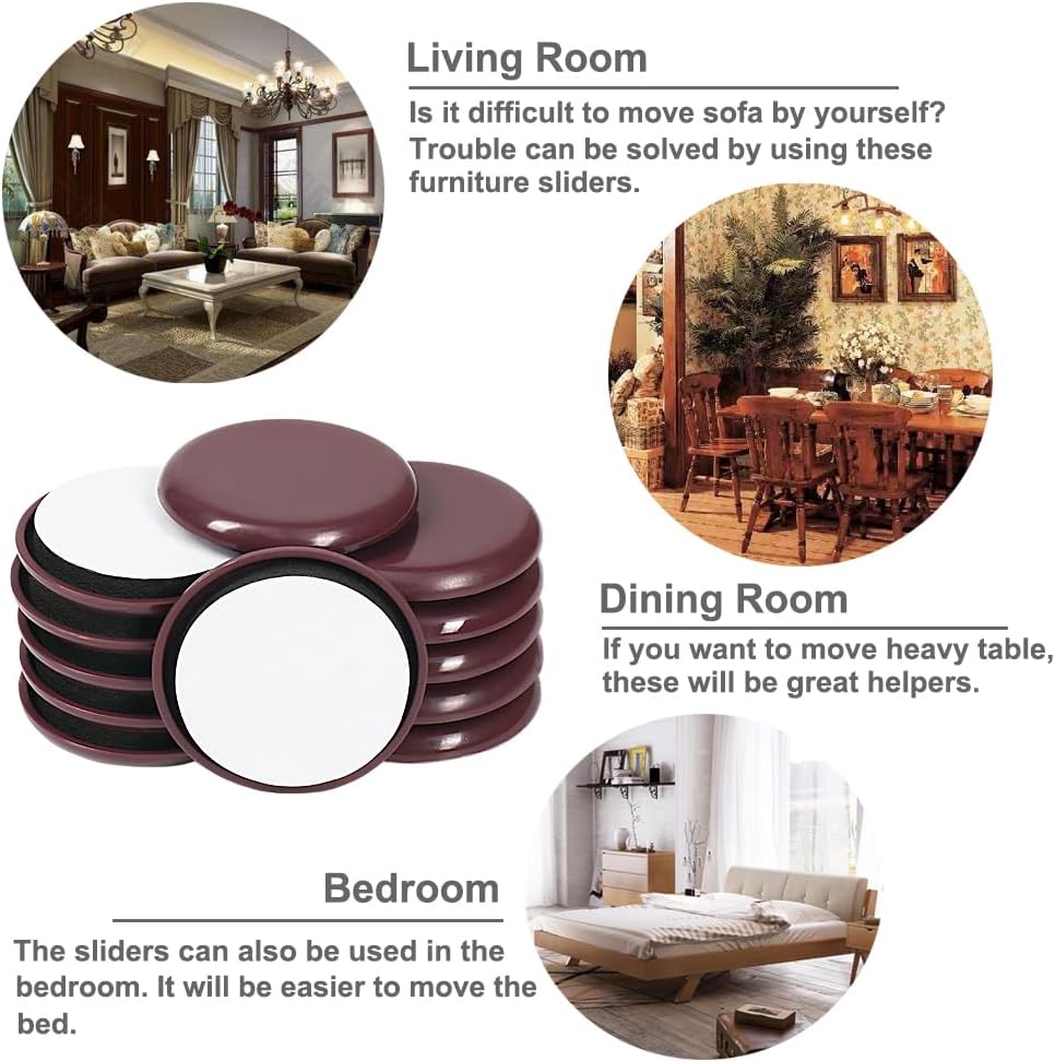 2 inches Stick Furniture Sliders, 12pcs Furniture Glides for Easy Moving on Carpet Hardwood (Coffee)