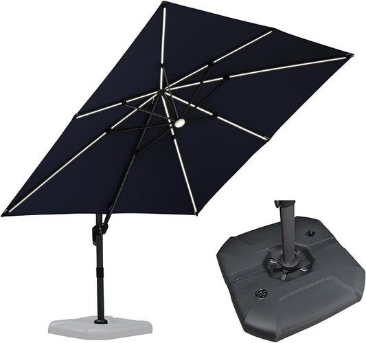 PURPLE LEAF 10 Feet Patio Umbrella with Base Outdoor Cantilever Solar Powered LED Square Umbrella Aluminum Offset Umbrella with 360-degree Rotation for Garden Deck Pool Patio Navy