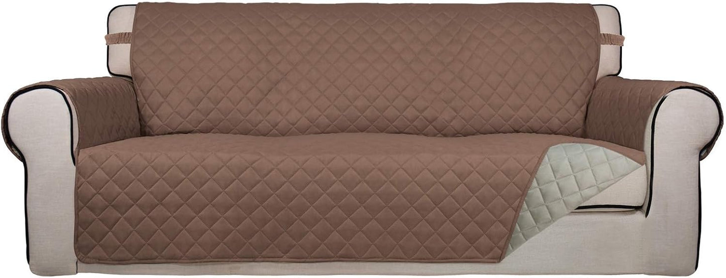 PureFit Reversible Quilted Sofa Cover, Water Resistant Slipcover Furniture Protector, Washable Couch Cover with Non Slip Foam and Elastic Straps for Kids, Dogs, Pets (Large, Brown/Beige)