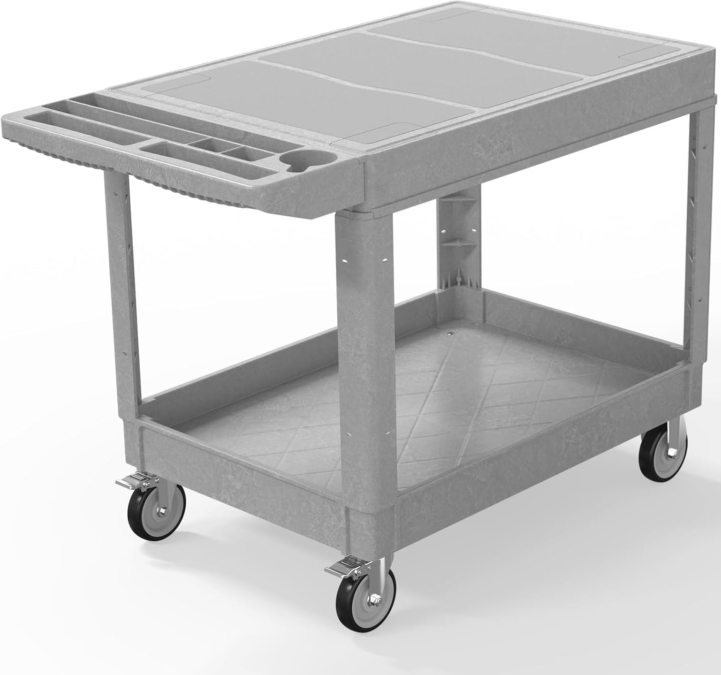 Utility Cart on Wheels, Heavy Duty Large Flat Top Rolling Service Cart, 46 x 25 Inch Work Carts, 2 Shelf 1000 lbs Capacity Plastic Tool Cart, for Warehouse, Garage, Cleaning, Gray