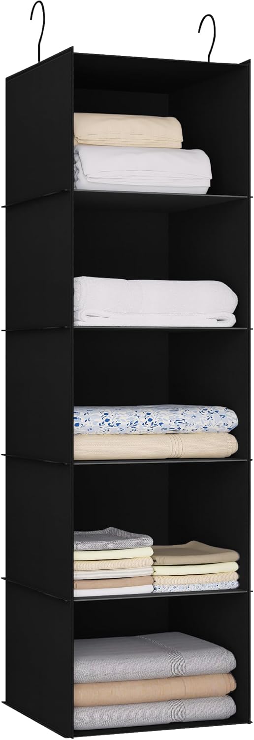 Hanging Closet Organizer and Storage 5-Shelf, Easy Mount Foldable Hanging Closet Wardrobe Shelves, Clothes Handbag Shoes Accessories Storage, Washable Oxford Cloth Fabric, Black