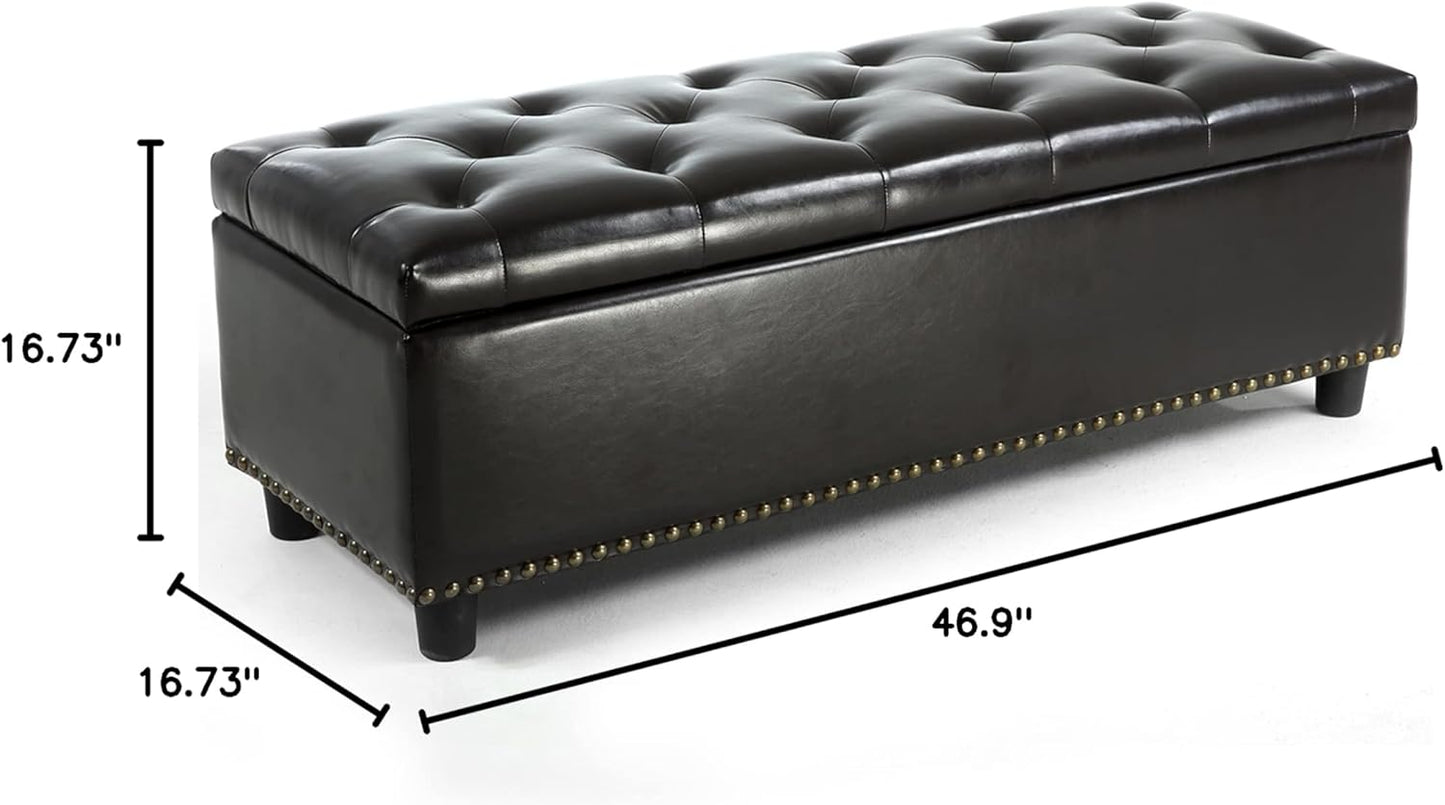 BELLEZE 47" Storage Ottoman, Storage Bench with Safety Close Hinge, Faux Leather Button-Tufted Ottoman for Living Room, Entryway, Hallway, Foot Rest, Support 300lbs - Dark Brown