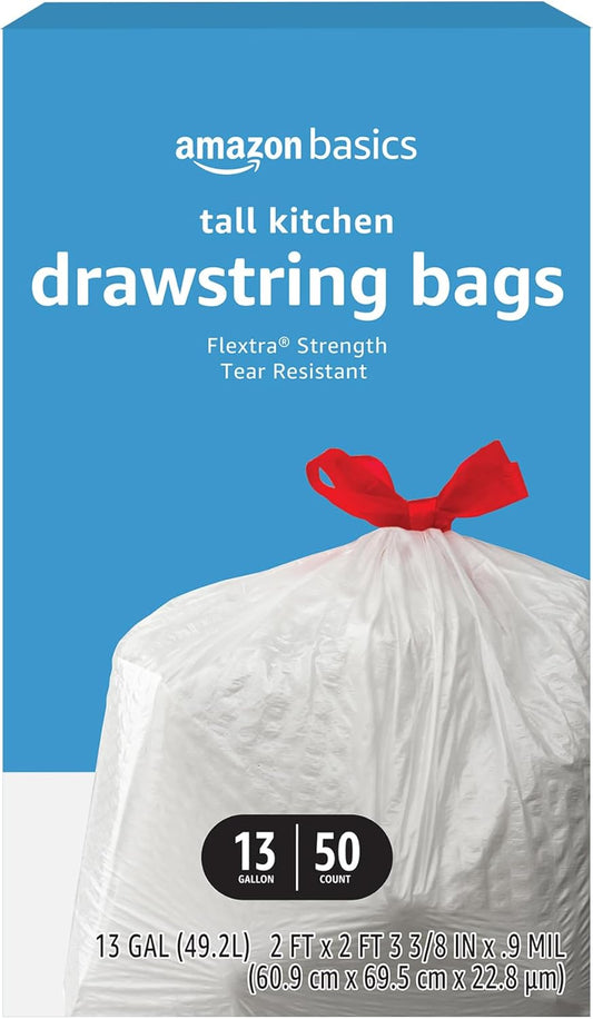 Amazon Basics Flextra Tall Kitchen Drawstring Trash Bags, 13 Gallon, Unscented, 50 Count