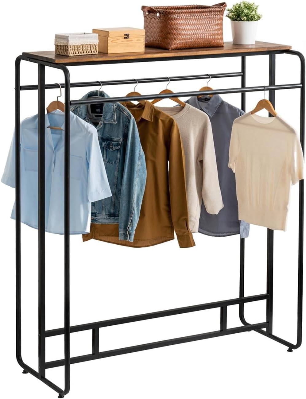 MyGift Dual Clothing Rack, Commercial Urban Black Metal Freestanding Large Garment Rack with Burnt Solid Wood Top Storage Shelf, Heavy Duty Double Rod Clothes Rack