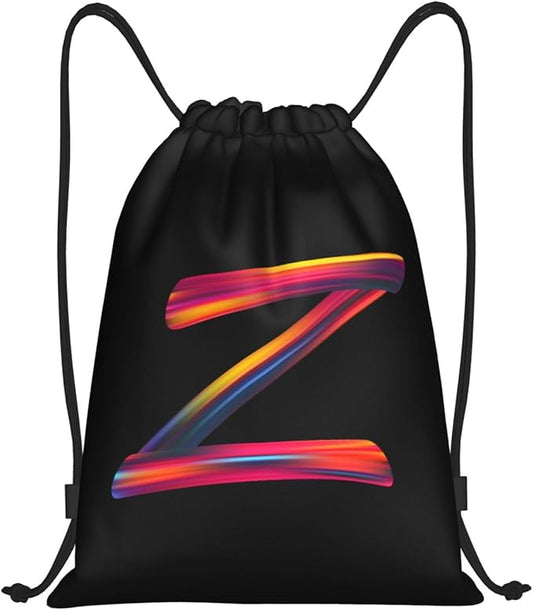 Drawstring Bags Initial Drawstring Backpack Sackpack Black Draw String Cinch Bags for Sports, Gym, Travel, Swimming, Beach, Camping, Rainbow Letter Z