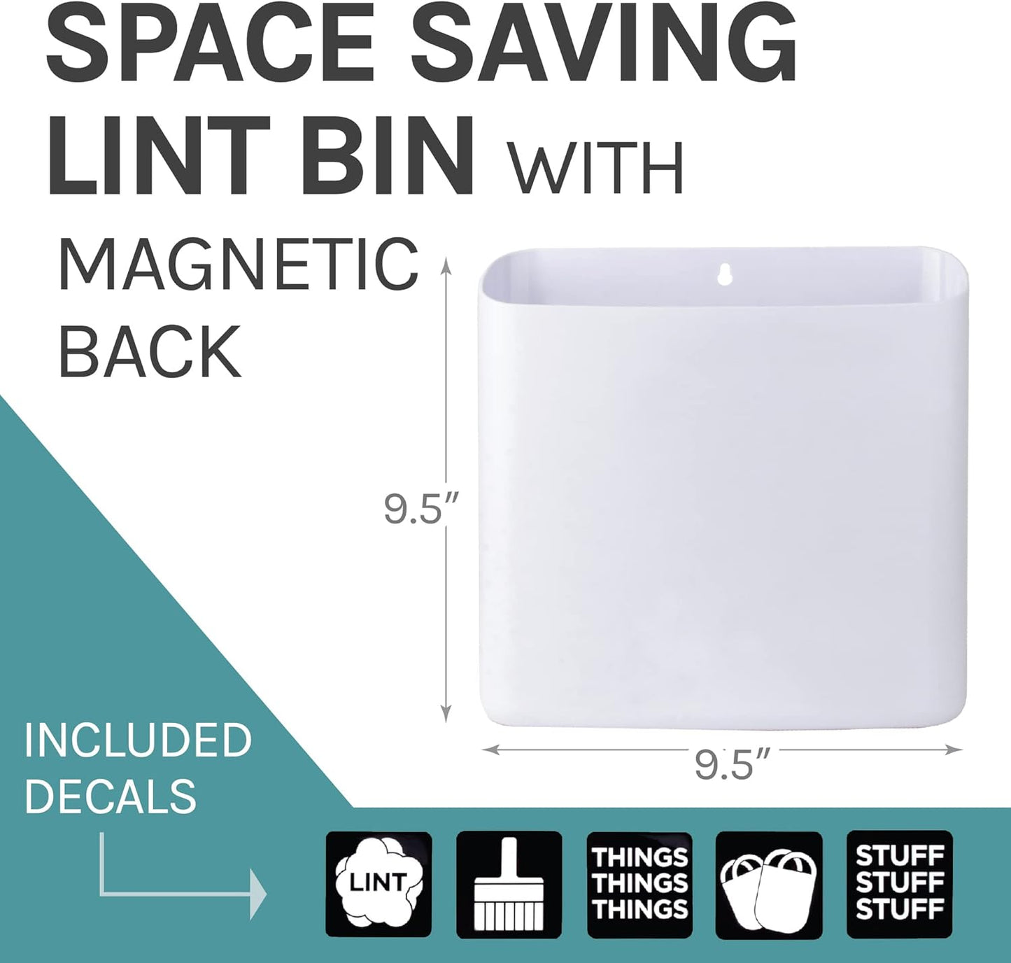 JS Jackson Supplies Large White Lint Bin with Magnetic Back, 9.5 x 9.5-Inch Durable Plastic, Slim Profile Space Saving Trash Bin for Laundry Room and Kitchen, Wall Mountable