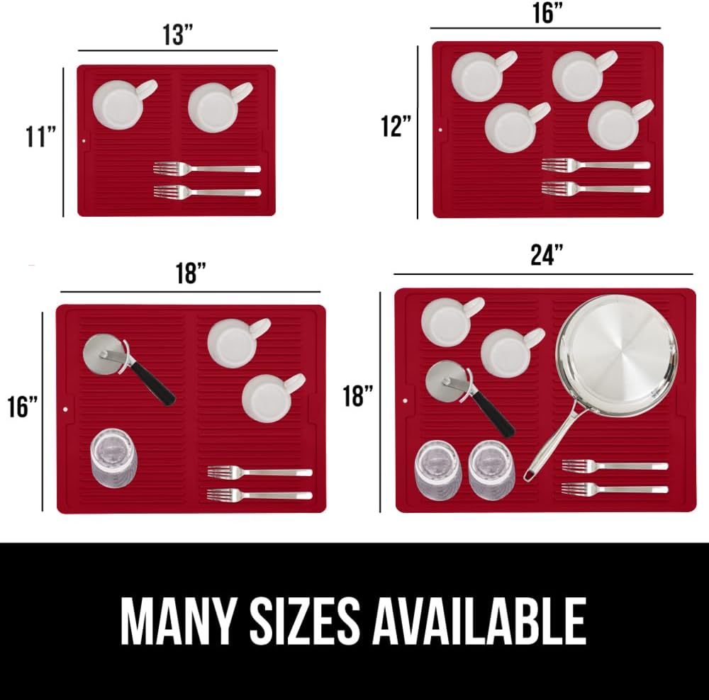 GORILLA GRIP 100% BPA-Free Patented Silicone Dish Drying Mat for Kitchen Counter, 18x24 Inch, Water Catching Ribbed Design, Easy Clean Waterproof Sink Liner, Heat Resistant, Fits Under Rack, Red