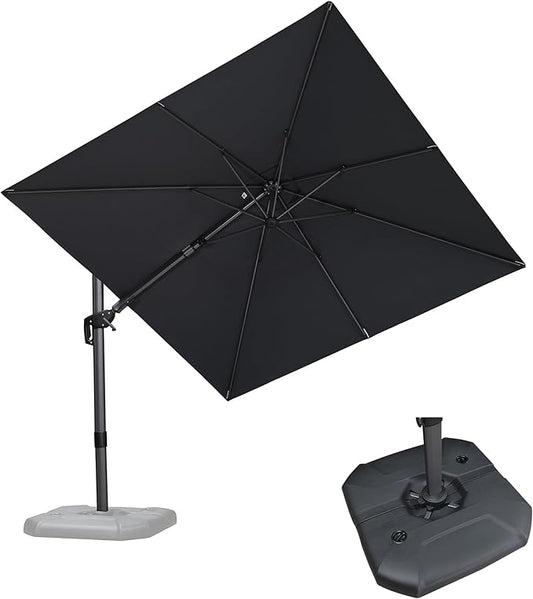 PURPLE LEAF 8.8' X 8.8' Left-right Tilt Patio Umbrella with Base Outdoor Cantilever Swivel Square Umbrella with Tilt Aluminum Offset Umbrella with 360-degree Rotation for Garden Deck Pool Patio Grey