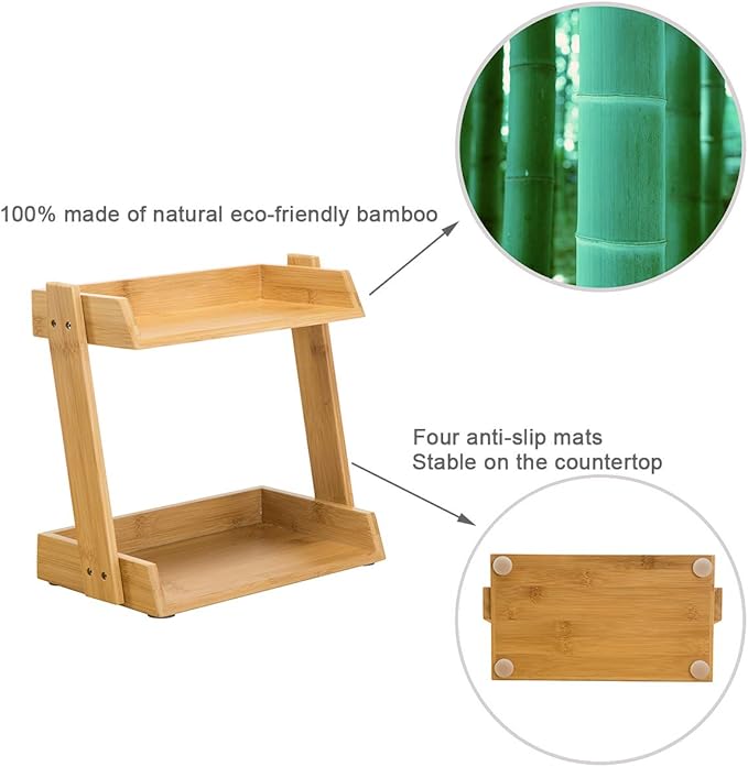 GOBAM Spice Rack Organizer 2-Tier Kitchen Countertop Cabinet Storage Shelf, Assemble Quickly, Bamboo