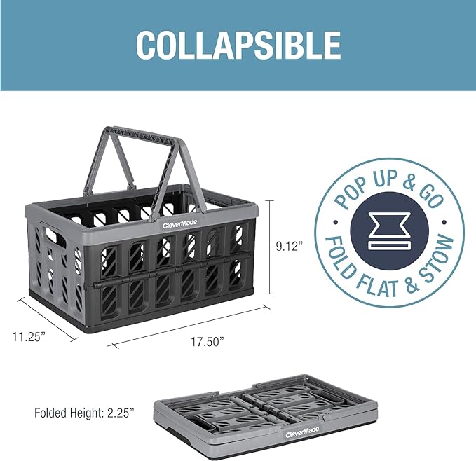 CleverMade Collapsible Shopping Basket, Stone, 3PK - 24L (6 Gal) Reusable Plastic Grocery Shopping Baskets, Holds 25lbs Per Basket - Small Foldable Storage Crates with Handles