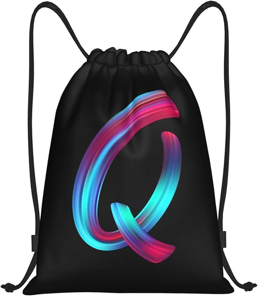 Drawstring Bags Initial Drawstring Backpack Sackpack Black Draw String Cinch Bags for Sports, Gym, Travel, Swimming, Beach, Camping, Rainbow Letter Q