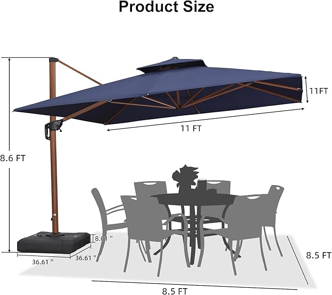 PURPLE LEAF 11ft Patio Umbrella with Base Outdoor Square Umbrellas Large Cantilever Umbrella Windproof Offset Umbrellas Heavy Duty Sun Umbrella for Garden Deck Pool Patio, Navy Blue