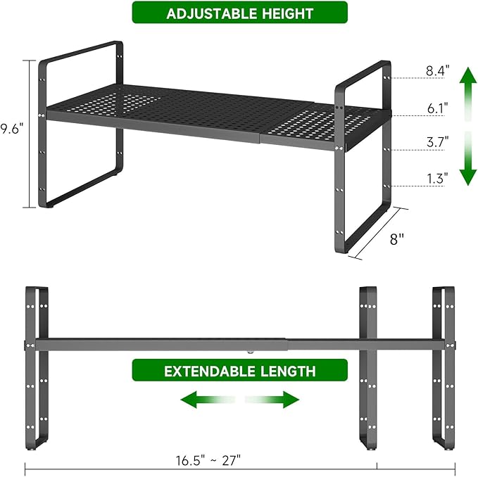 Expandable Kitchen Cabinet Shelf Organizer Rack Heavy Duty Metal Spice Rack Stackable Kitchen Counter Storage Shelf for Kitchen Cabinet Pantry Bathroom (Black - 16.5"-27" L x 8" W x 9.6" H - 1Pack)