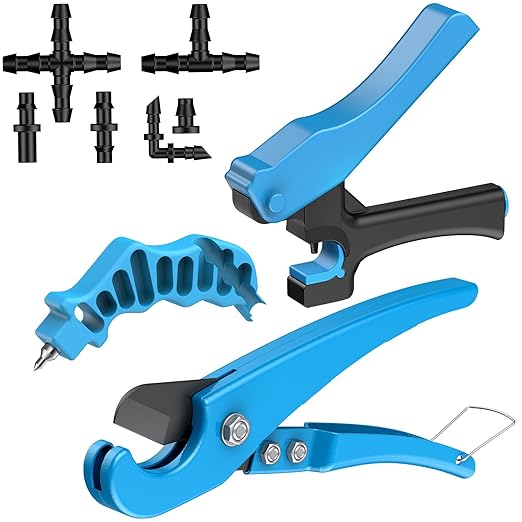 Pawfly Drip Irrigation Hole Punch Tool & Tubing Cutter Kit, Drip Irrigation Punch Tool for 16-20 mm PE Tubing, Drip Punch Tools & Cutter with 150 Barbed Connectors for Sprinkler Setup