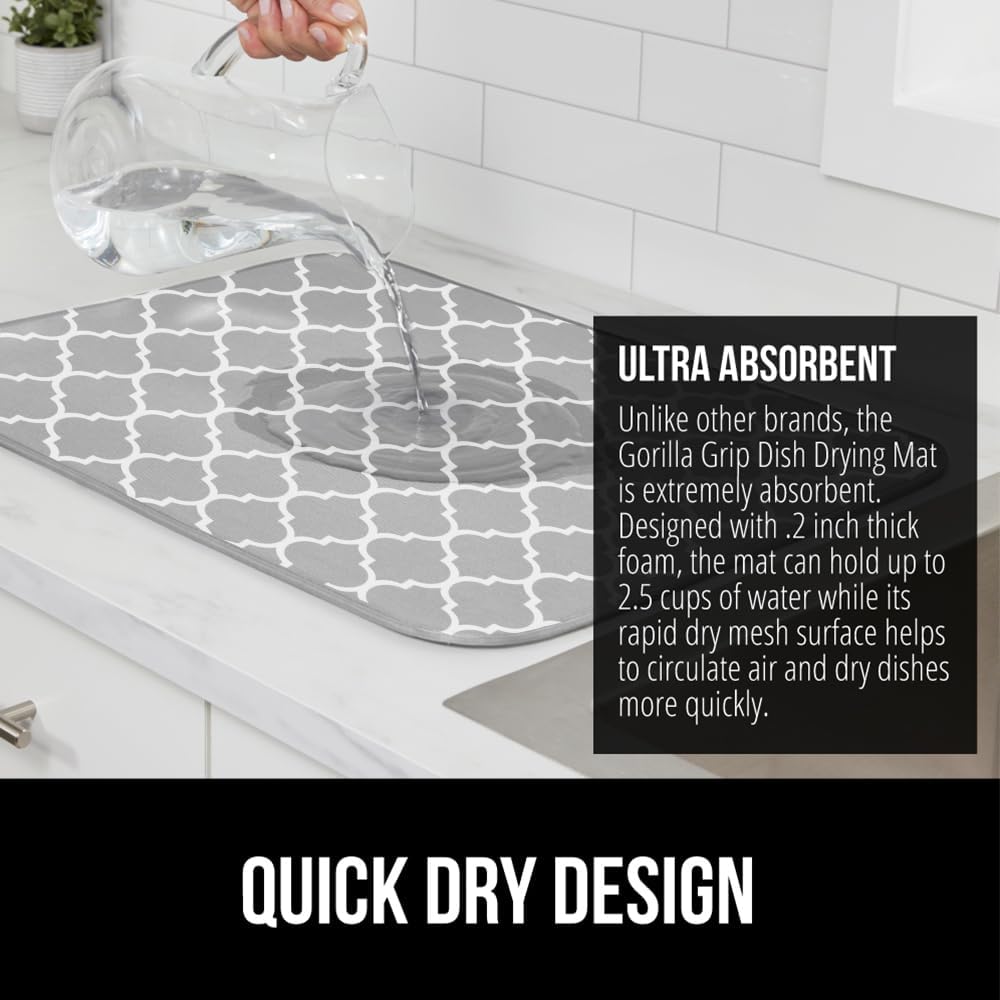 GORILLA GRIP Ultra Water Absorbent Microfiber Dish Drying Mat, 18x32, Quick Dry Thick Mesh, Slip Resistant Pad for Sink Dishes or Under Rack, Kitchen Counter Accessories, Machine Wash Mats, Quatrefoil