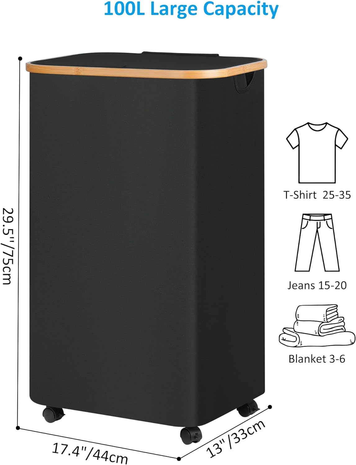 efluky Laundry Basket with Wheels, Tall Rolling Laundry Hamper with Lid and Removable Bag, Aesthetic Dirty Clothes Hamper on Wheels for Laundry Room, Bedroom, Dorm and Bathroom, 100L Black