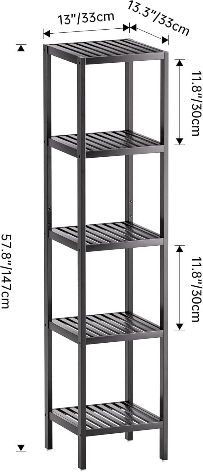 SMIBUY Bathroom Storage Shelf, 5-Tier Bamboo Rack Organizer, Multifunctional Shelving Unit for Living Room Bedroom Kitchen (Black)