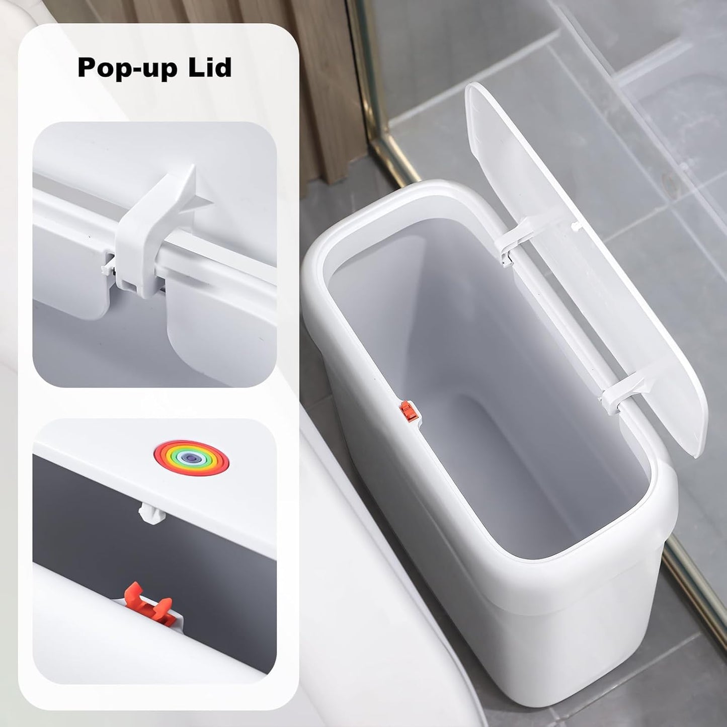 funest Bathroom Small Trash Can with Lid, 13 Liter/3.4 Gallon Slim Garbage Bin with Press Top Lid, White Wastebasket for Bedroom, Office, Kitchen, RV