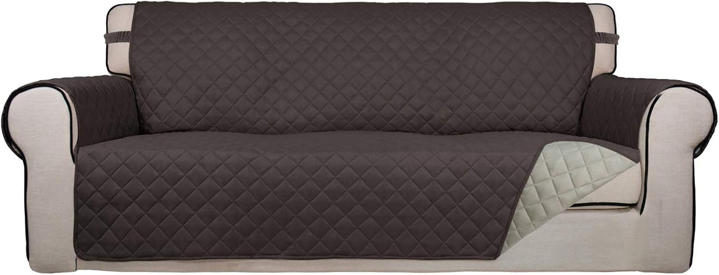 PureFit Reversible Quilted Sofa Cover, Water Resistant Slipcover Furniture Protector, Washable Couch Cover with Non Slip and Elastic Straps for Kids, Dogs, Pets (Oversized Sofa, Chocolate/Beige)