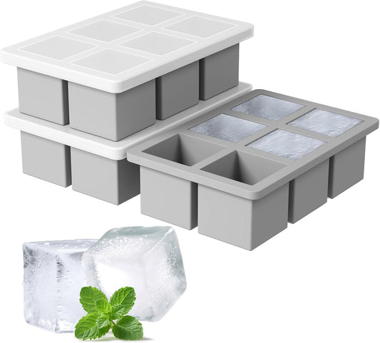 Large Silicone Ice Cube Tray 3Pack, SAWNZC Big Square Ice Cube Molds for Whisky Cocktail, Ice Maker Tray with Lid for Freezer, Easy Release (3, Grey)