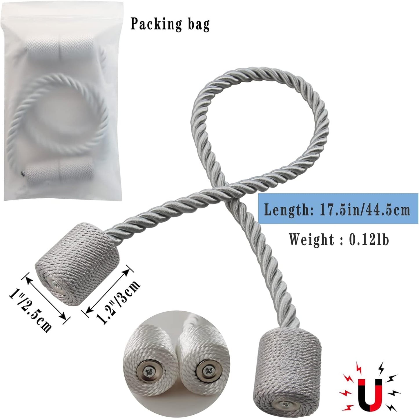 Magnetic Curtain Tiebacks 4 Pack Grey Curtain Rope Tieback Curtain Holders for Drapes Modern Tie Backs Decorative Curtain Holdbacks