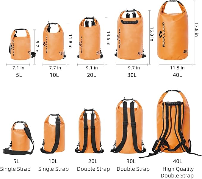 ROCK CLOUD Dry Bag Waterproof 10L Dry Sack for Kayaking Rafting Boating Beach Surfing Swimming Canoe Camping Hiking Fishing Ski, Orange