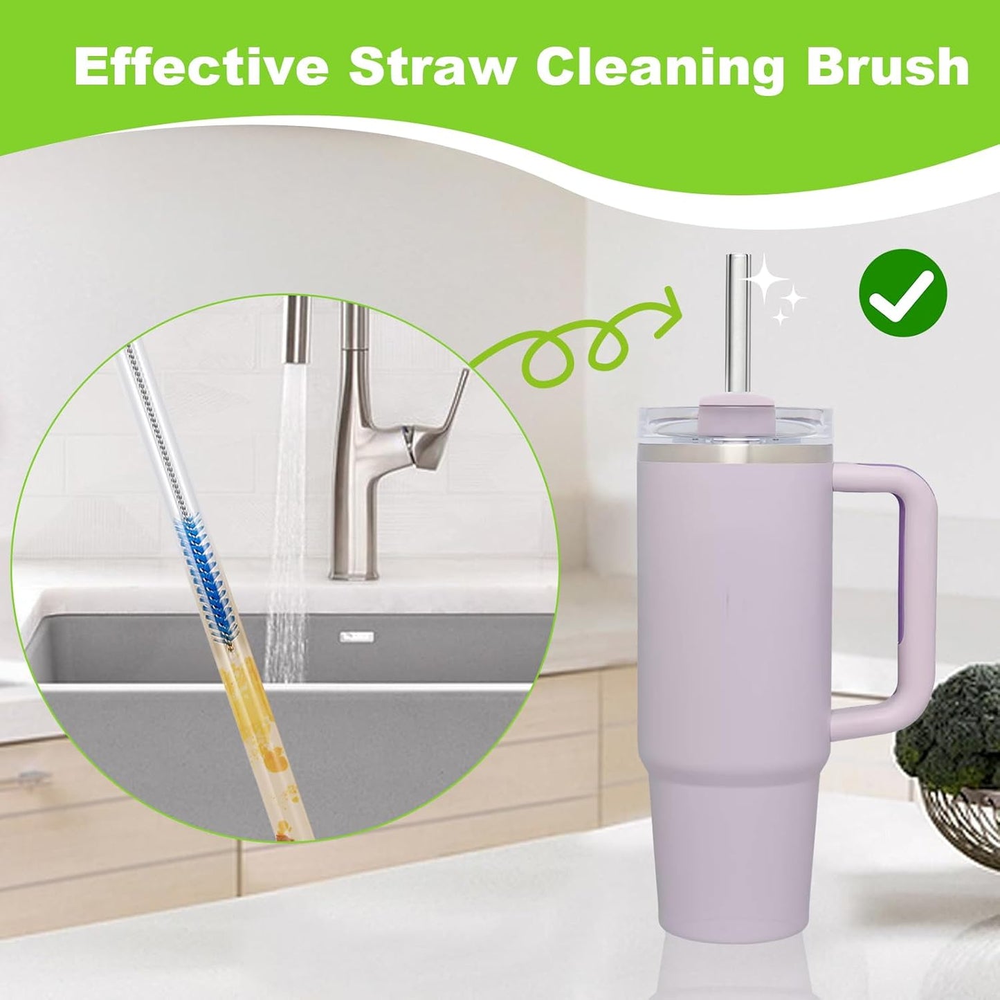 Straw Cleaner Brush for Stanley, 12 Inch Extra Long Straw Brush Cleaner (8-Pack) Includes 2 Reusable Glass Straws for 40 oz Tumbler and Water Bottle, Durable & Rust Resistant