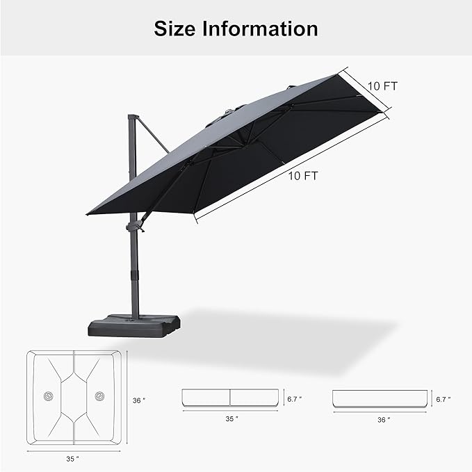 PURPLE LEAF 10' × 10' Patio Cantilever Umbrella with Base Outdoor Square Adjustable Offset Umbrellas with 360-degree Rotation and 8 Heavy Duty Metal Ribs for Garden Deck Pool Grey