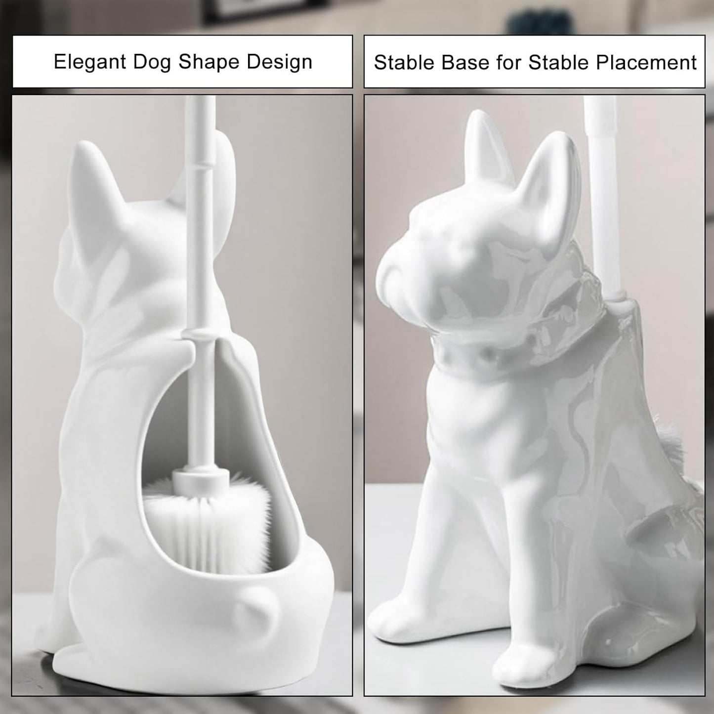 Comeon Ceramic Dog White/Black Toilet Brush and Holder Set, Plastic Handled Scrub Brush for Bathroom Cleaning,13.7"*6.3" (White)