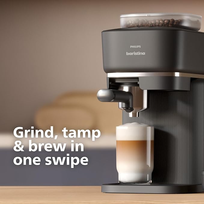 Philips Baristina Espresso Machine, Grind, Tamp & Brew Coffee Beans in One Swipe, Compact, 16 Bar Pump Pressure, Automatic Grinder, Black with Black Portafilter (BAR300/60)