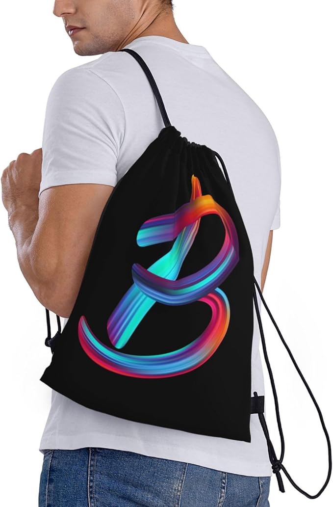 Drawstring Bags Initial Drawstring Backpack Sackpack Black Draw String Cinch Bags for Sports, Gym, Travel, Swimming, Beach, Camping, Rainbow Letter B