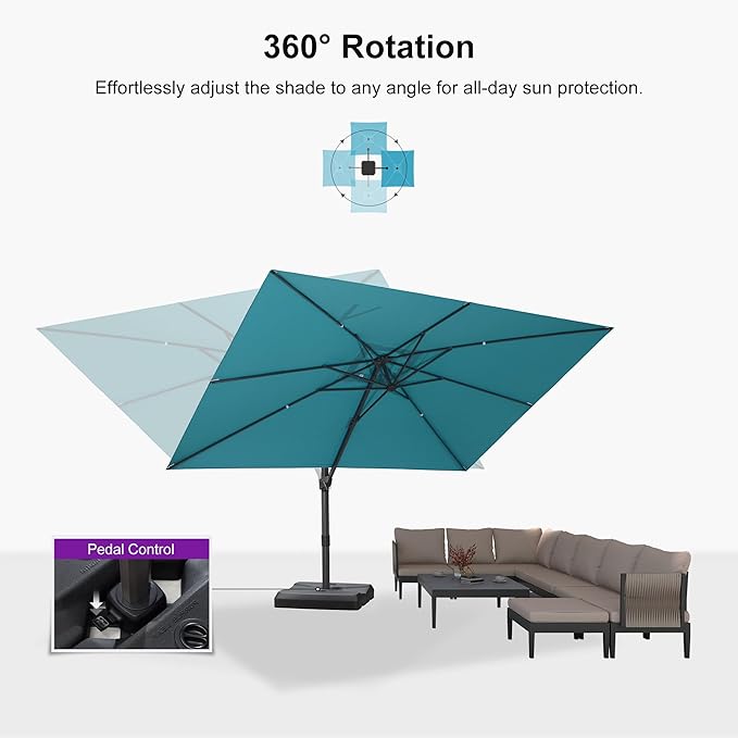 PURPLE LEAF 9' × 11.5' Patio Cantilever Umbrella with Base Outdoor Rectangle Adjustable Offset Umbrellas with 360-degree Rotation and 8 Heavy Duty Metal Ribs for Garden Deck Pool Turquoise Blue