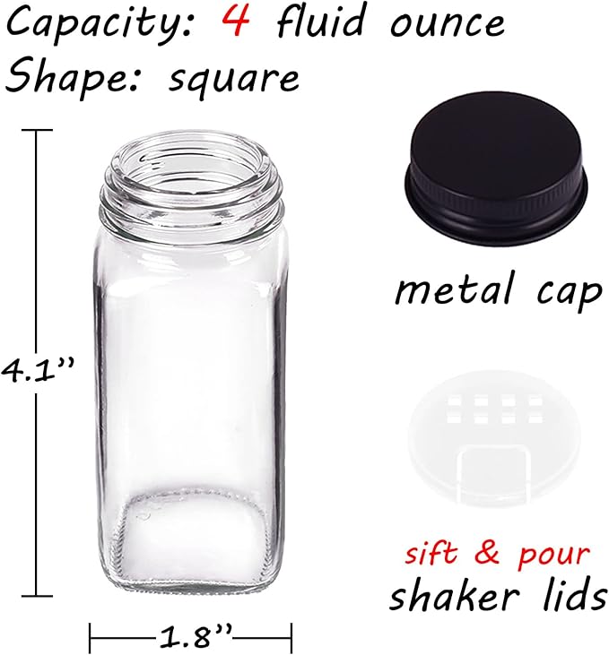 Churboro 36 Spice Jars with 547 Labels- Glass Spice Jars with Black Metal Caps, 4oz Empty Spice Containers with Shaker Lids, Funnel, Chalk Pen, Square Seasoning Bottles for Spice Rack, Drawer, Cabinet