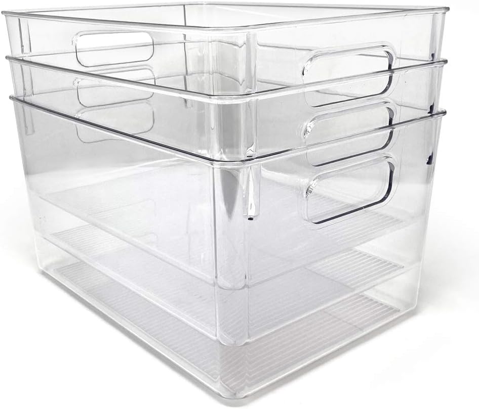 Isaac Jacobs 3-Pack Large Clear Storage Bins with Handles, Plastic Organizer for Home, Room, Office, Fridge, Kitchen/Pantry Non-Slip Container Set, Food Safe, BPA Free (3-Pack, Large)