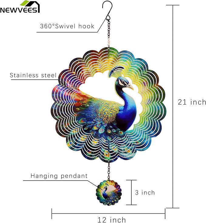 Peacock Metal Wind Spinners - Gifts for Women Mom Grandma Wife, Hanging Wind Spinner for Outdoor & Indoor Decorations, 12 inch Wide, 21 inch Long, Wind Spinner for Christmas Ornament Gifts