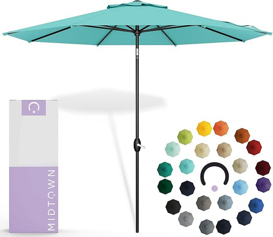 Midtown Umbrellas Sunbrella Umbrella 8 Feet Outdoor Umbrella With Sunbrella Aruba Acrylic Fabric - Auto-Tilt Aluminum Frame Patio Umbrella For Backyard, Deck, Garden, Pool - Black Pole