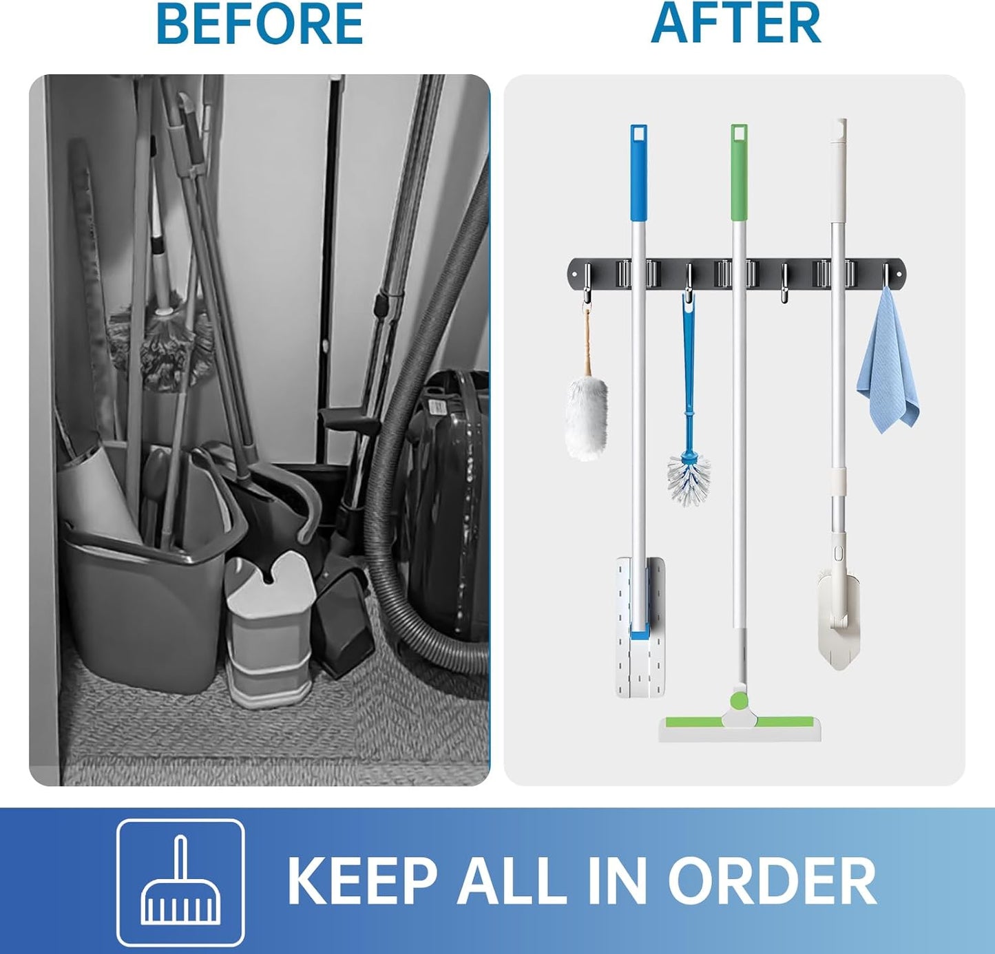 ZONGOOL Mop and Broom Holder Wall Mount, Broom Organizer Mop and Broom Storage Tool Racks Stainless Steel Wall Hanger for Home Kitchen Garden Laundry Garage (3 Racks with 4 Hooks, Black)