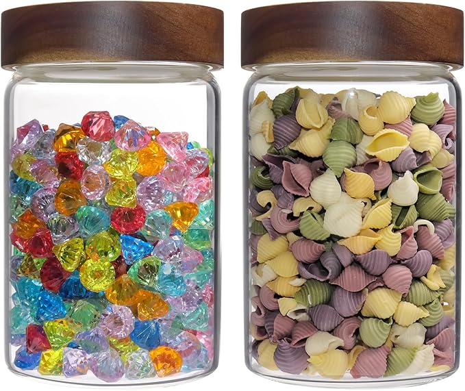 Glass Coffee Jars Spice Jar Round Storage Canister with Wooden Lid Clear Glass Food Jar for Pantry Sugar Tea Coffee Bean Spice Nuts Cookies Bath Salts (900ML*2PACK)