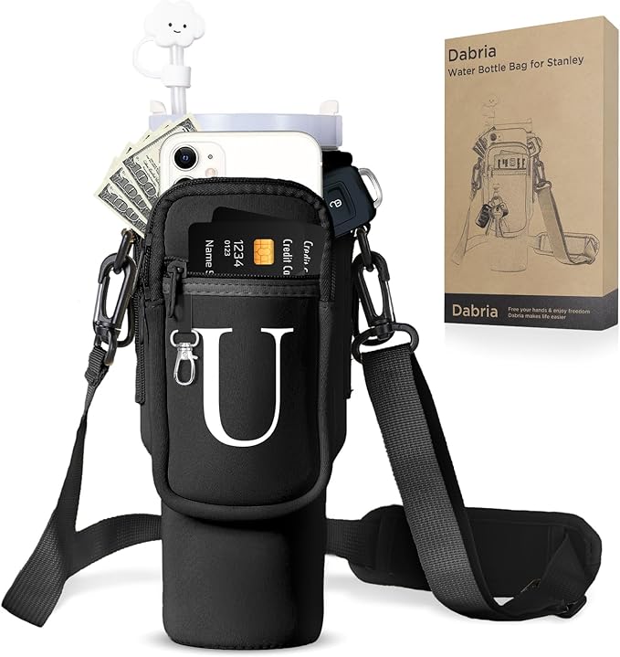 dabria Initial A-Z Water Bottle Bag with Phone Pocket for Stanley 40 oz Tumbler Neoprene Water Bottle Holder Pouch with Adjustable Strap Bollus with Straw Cover & Carabiner for Stanley Cup Accessories