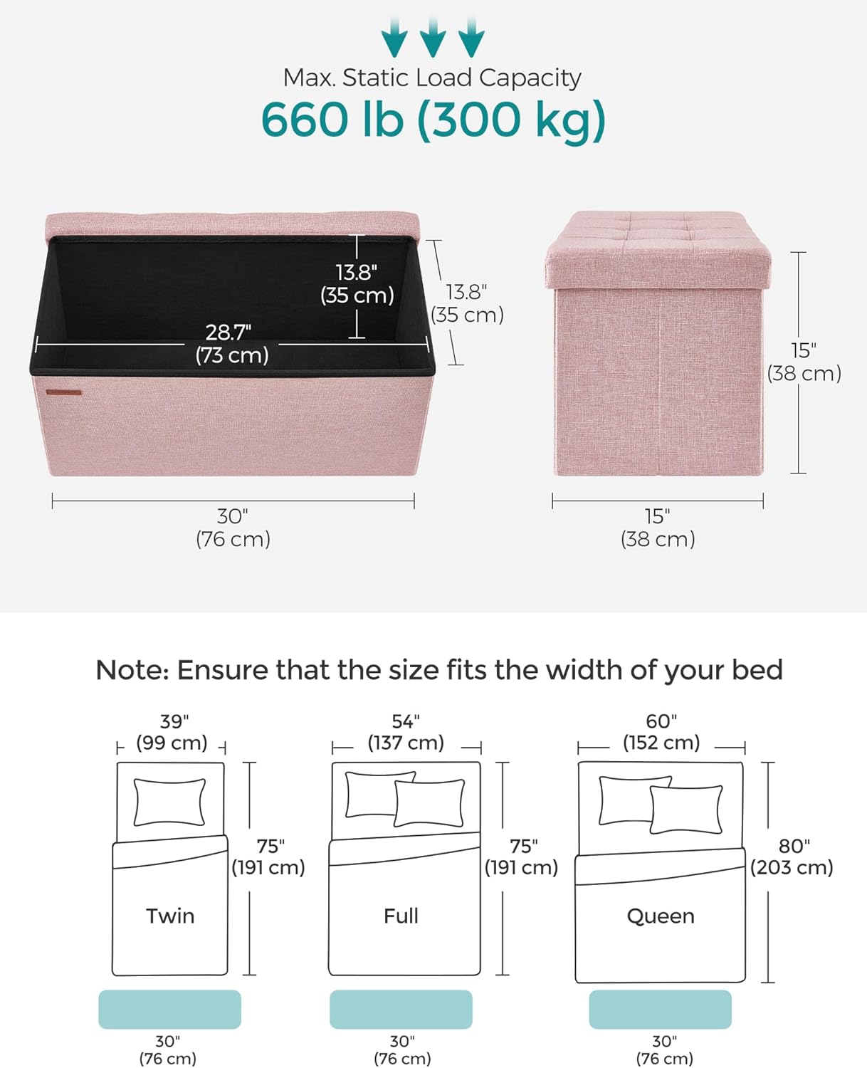 SONGMICS Mazie Collection - 30 Inches Folding Storage Ottoman Bench, Ottoman Foot Rest, End of Bed Bench, Storage Chest, Load 660 lb, for Living Room, Bedroom, Entryway, Jelly Pink ULSF047R11