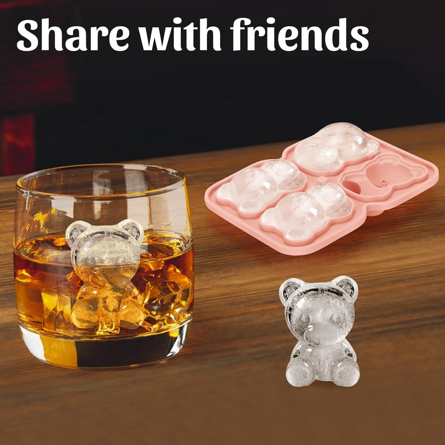 Silicone Ice Cube Tray,Bear 3D Large Ice Cube Molds for Whiskey,Cocktails,Wine,Juice and Bourbon,4 Big Cute Animal Ice Trays for Freezer with Lid Easy-Release BPA Free(Bear)