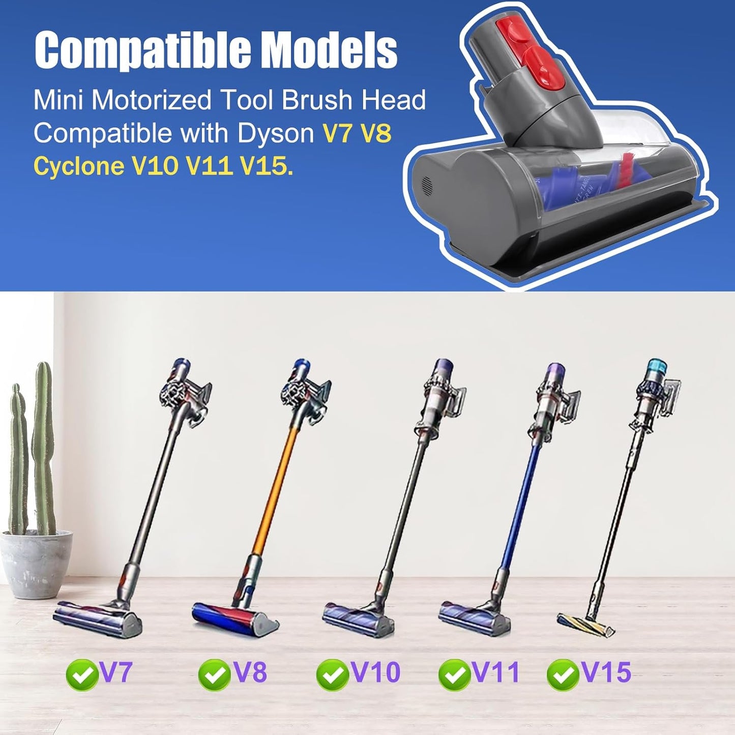 Mini Motorized Tool Brush Head Compatible with Dyson V7 V8 Cyclone V10 V11 V15 Anti-Tangle Pet Hair Attachment Replacement Parts Couth Mattress Upholstery Tool Head Suitable for Dog Hair and Pet Hair