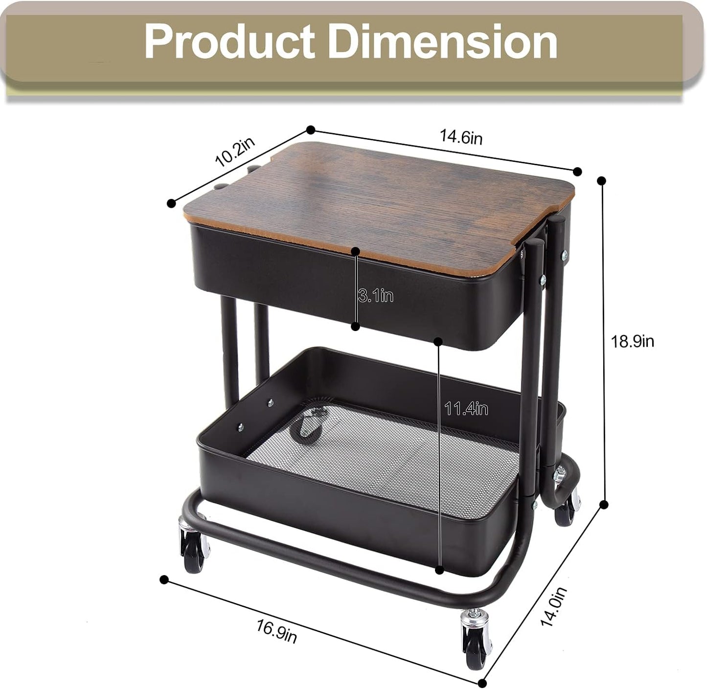 Melody House 2-Tier Metal Utility Rolling Cart Storage Organizer with Cover Board Mobile Trolley Sofa Side Table with Wheels for Office Home Kitchen Organization Black