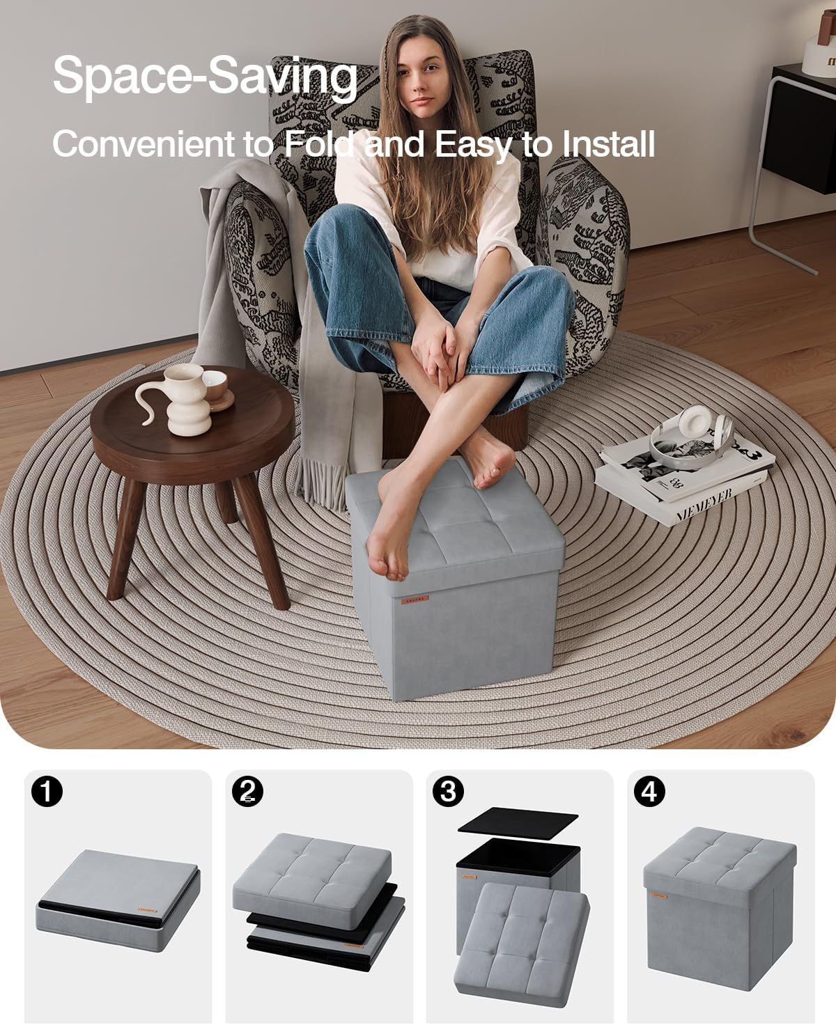 Folding Storage Ottoman, Velvet Storage Bench, Footrest, Footstool, for Living Room, Bedroom and Office,15 x 15 x 15 Inches, 300 kg Load Capacity, Dove Gray UASND04G