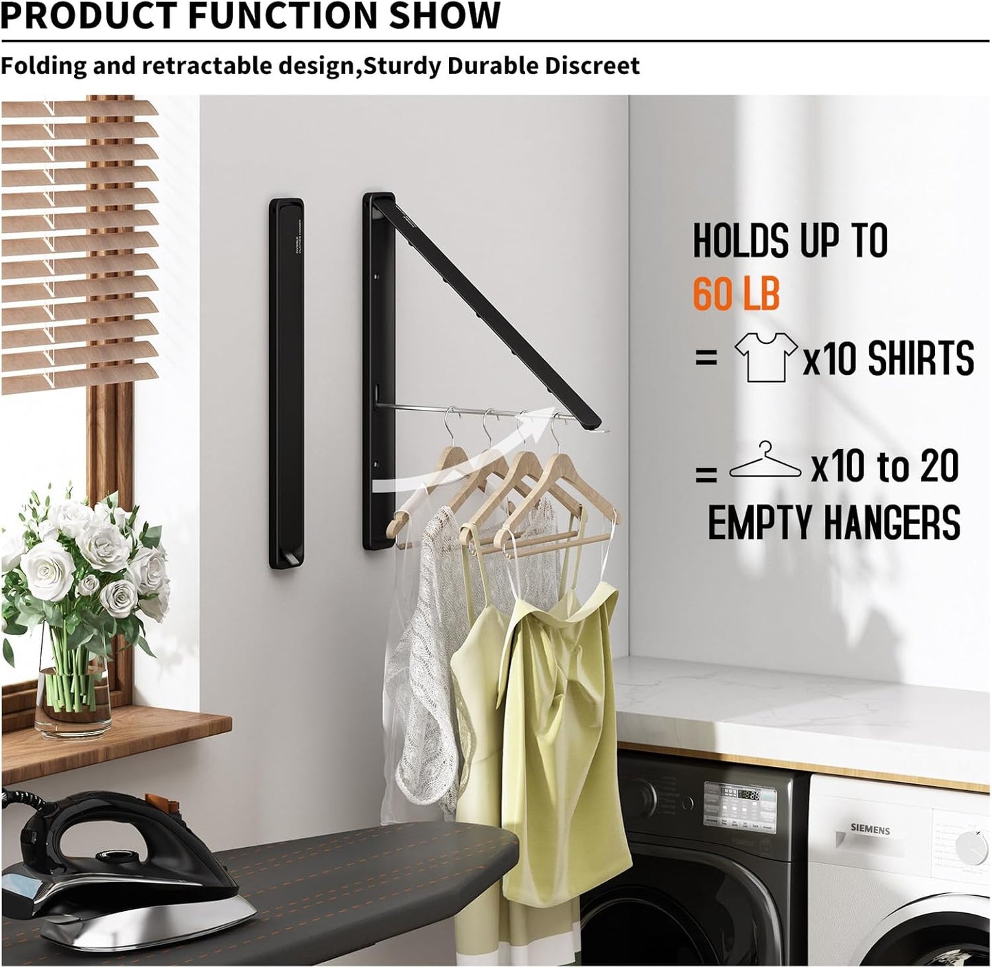 Clothes Drying Rack for Laundry Drying Rack Wall Mounted Clothes Hanger Rack Retractable Laundry Hanger Dryer Rack Space Saving Closet Organizer Aluminium (Black)